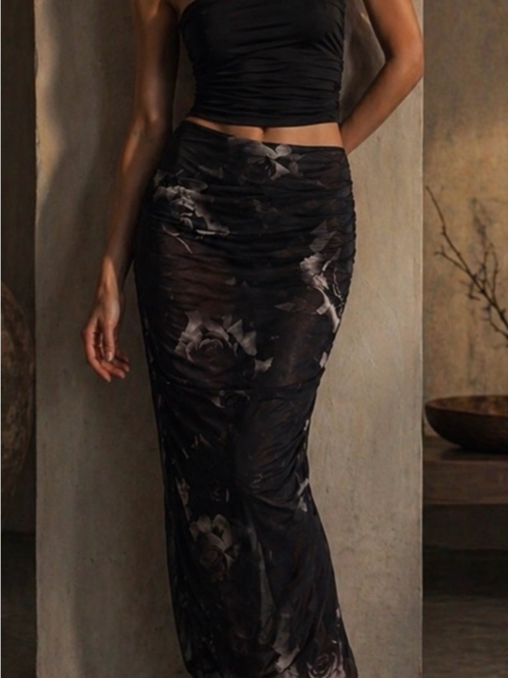 Rebecca Minkoff Black Floral Ruched Mini Skirt